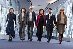 A group photo of 6 Tisza Party MEPs, excluding Magyar (the 7th)