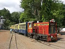 Red 2 axle diesel locomotive