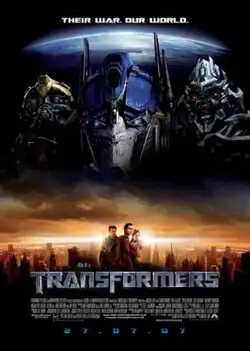 Three robot faces with the edge of the earth as background. Below, three humans in front of a city scape at sunset.