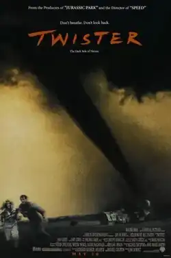 The dark storm funnel of a Twister against a pale sky, destroying a barn. Two small figures flee in the foreground. The title "TWISTER" appears above the dark clouds, and just above, the tagline appears in small text: "Don't breathe, Don't look back."