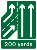 Additional traffic lane joining from the left in 200 yd (180 m). Traffic on the main carriageway had priority over joining traffic from the right-hand lane of the slip road (primary routes)