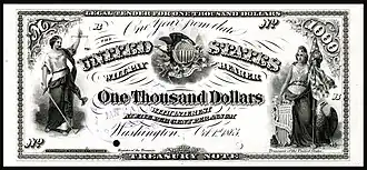 $1,000 Interest Bearing Note, Series 1863, Fr.201, depicting vignettes of Justice and Liberty.