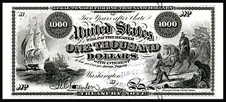 $1,000 Interest Bearing Note, Series 1863, Fr.206, depicting ships at battle and conquistadors.