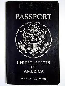 Cover of one of the first blue passports (the color was introduced for the Bicentennial in 1976)