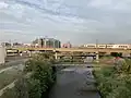 South Platte Bridges. Top to bottom, G Line commuter rail, BNSF rail, pedestrian bridge linking pedestrian trails.