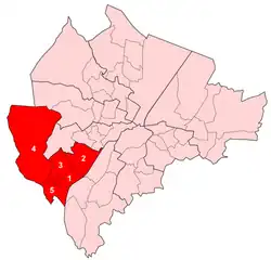 Upper Falls , 1. Andersonstown , 2. Falls Park , 3. Glen Road , 4. Glencolin , 5. Ladybrook