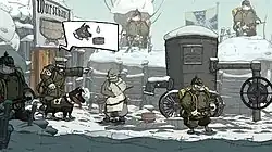 A screenshot from the game showing several soldiers and Walt, a dog