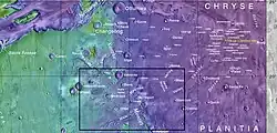 Map showing relative positions of a number of features in and near Chryse Planitia, including Vedra Valles, Maumee Valles, and Maja Valles. Box indicates where these valleys can be found. The Viking 1 landing site is indicated. Colors show elevation.
