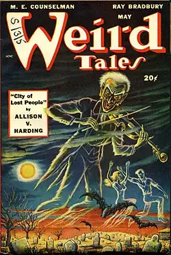 A pulp magazine cover from 1948; the illustration involves a large skeletal figure wearing a suit and playing a fiddle, while a man and woman, apparently ghostly, dance or run in the foreground.