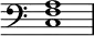 {
\clef bass
\time 4/4
<<
\override Score.TimeSignature
#'stencil = ##f
\relative c {
<c f a>1
}
>>
}