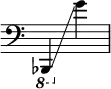 
{
    \override Score.SpacingSpanner.strict-note-spacing = ##t
    \set Score.proportionalNotationDuration = #(ly:make-moment 1/8)
    \override Score.TimeSignature #'stencil = ##f
    \relative c {
        \time 2/4
        \clef bass
        \ottava #-1 bes,,4 \glissando \ottava #0 g''''
    }
}

