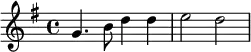 \relative c' {\set Staff.midiInstrument = #"tubular bells" \key g \major g'4. b8 d4 d e2 d}