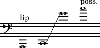 
    {
      \new Staff \with { \remove "Time_signature_engraver" }
      \clef bass \key c \major \cadenzaOn
      \tweak font-size #-2 a,,1 ^ "lip"
      c,1 \glissando g'1 \tweak font-size #-2 c''1 ^ "poss."
    }
  