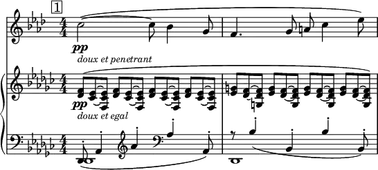 <<
\new Staff="clar" \relative c'' {
\set Staff.midiInstrument = #"clarinet"
\transposition bes
\clef treble
\numericTimeSignature
\time 4/4
\key aes \major
\mark \markup { \box "1" }
c2~\pp_\markup { \italic \small "doux et penetrant" }( c8 bes4 g8 | f4. g8 a c4 ees8)
}
\new PianoStaff {
<<
\new Staff="one" \relative c' {
\clef treble
\key ges \major
\numericTimeSignature
\time 4/4
\slurUp
\override TupletNumber #'stencil = ##f
\times 2/3 {<< f8(\pp_\markup { \italic \small "doux et egal" } des >> << ees8~ ces~ >> << ees8 ces f, >> }
\repeat unfold 3 \times 2/3 {<< f'8 des >> << ees8~ ces~ >> << ees8 ces f, >> }
\repeat unfold 3 \times 2/3 {<< g'8 ees >> << f8~ des~ >> << f8 des g, >> }
\times 2/3 {<< g'8 ees >> << f8~ des~ >> << f8) des g, >> }
\slurNeutral
}
\new Staff="two" \relative c, {
\clef bass
\key ges \major
\numericTimeSignature
\time 4/4
<<
{ \slurDown
des8-.( aes'4-. \clef treble aes''4-. \clef bass aes,-. aes,8-.) |
r8 bes'4-.( bes,-. bes'-. bes,8-.)
\slurNeutral } \\
{ des,1 | des1 }
>>
}
>>
}
>>