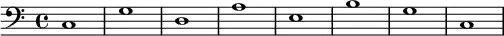 {
\new Staff <<
\new Voice \relative c' {
\stemDown \clef bass \key c \major \time 4/4 \tempo 1 = 60 \set Score.tempoHideNote = ##t
c,1 g' d a' e b' g c,
}
>>
}