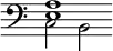 { \override Score.TimeSignature #'stencil = ##f \time 6/4 \clef bass << { <e a>1 } \\ { c2 b, }  >> }