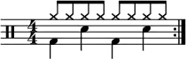 
    \new Staff <<
       \new voice \relative c' {
           \clef percussion
           \numericTimeSignature
           \time 4/4
           \set Score.tempoHideNote = ##t \tempo 4 = 100
           \stemDown \repeat volta 2 { g4 d' g, d' }
       }
       \new voice \relative c'' {
           \override NoteHead.style = #'cross
           \stemUp \repeat volta 2 { a8 a a a a a a a }
       }
   >>
