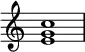 {
\override Score.TimeSignature #'stencil = ##f
\relative c' {
\clef treble
\time 4/4
\key c \major
<e g c>1
} }