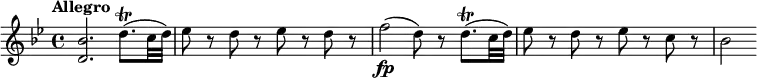 
\relative c'' { \set Staff.midiInstrument = #"string ensemble 1"
  \override Score.NonMusicalPaperColumn #'line-break-permission = ##f
  \key bes \major
  \tempo "Allegro" \set Score.tempoHideNote = ##t \tempo 4 = 144
  <bes d,>2. d8.\trill( c32 d) |
  es8 r d r es r d r |
  f2\fp( d8) r d8.\trill( c32 d) |
  es8 r d r es r c r |
  bes2
}
