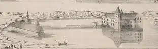 A drawing of Torup Castle in 1680, after the dam's construction. It depicts the buildings we see today, but where there are now gardens, there was a large lake.